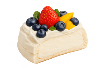 Cheesecake slice topping with fresh strawberry, blueberry, mango, cream, and mint, sweet dessert