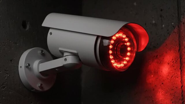 Security camera with illuminated red lights mounted on a dark textured wall for surveillance