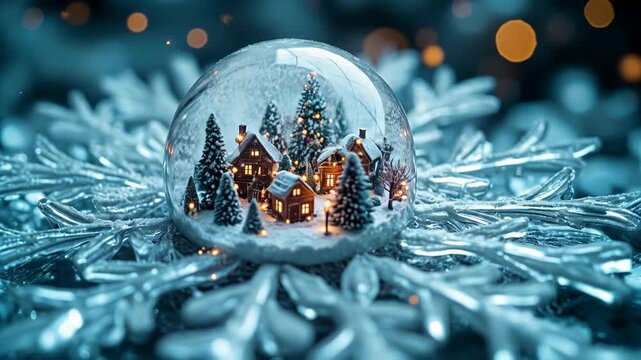 Miniature snowy village inside a glowing Christmas glass ball