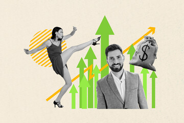Sketch 3D collage trend artwork of business success graphics trader stats young businessman smile lady grace dance arrow growth bag money