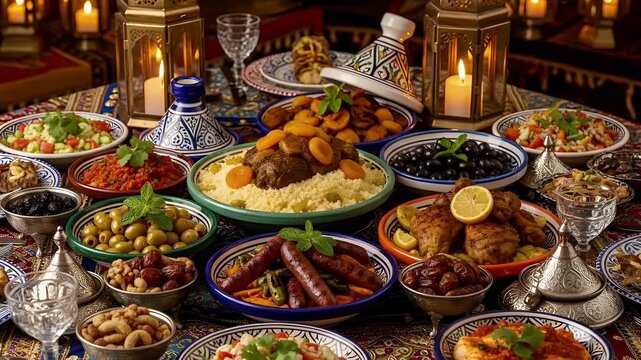 Moroccan Feast with Tagines, Couscous, Olives, and Candles