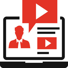 Abstract Red and Black Icon of a Laptop Displaying Video Content and a Silhouette of a Person Engaging in Online Communication and Learning