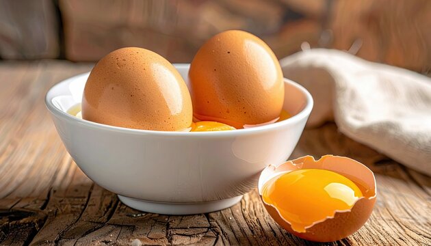 A close-up shot of two whole brown eggs in a white bowl, with a cracked egg revealing its vibrant yellow yolk, set against a textured wooden surface.