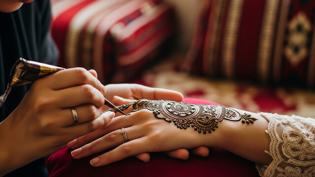 Traditional henna application on bride's hand during mehndi ceremony with ornate design and jewelry