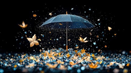 A dark umbrella is tilted, catching a shower of golden leaves and sparkling blue and silver stars against a black background.