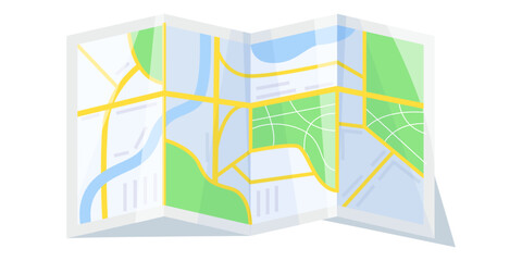 Colorful folded city map with roads, rivers and green parks in flat style on white background. Concept of navigation and travel. Vector illustration