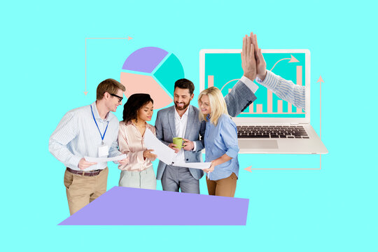 Creative design 3D collage of team young man lady highfive success project remote laptop businesspeople company analytics human resources