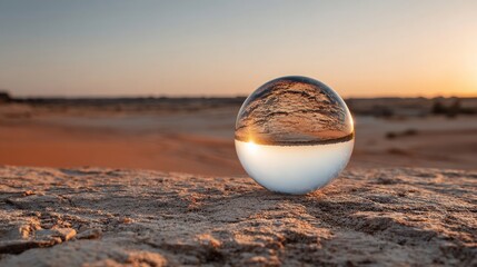 Lens ball sunset view in desert landscape.