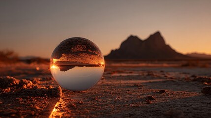 Lens ball sunset view in desert landscape.
