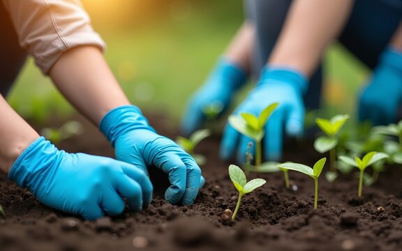 Group of people gardening and planting young seedlings in soil with blue gloves. High quality - Powered by Adobe