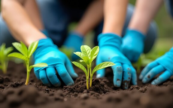 Group of people gardening and planting young seedlings in soil with blue gloves. High quality
