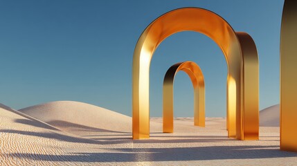 
Minimal desert scene with metallic arches and dunes, surreal 3D rendering.
