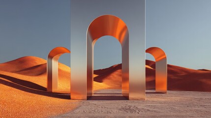 
Minimal desert scene with metallic arches and dunes, surreal 3D rendering.
