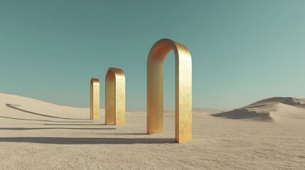 
Minimal desert scene with metallic arches and dunes, surreal 3D rendering.
