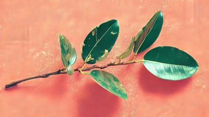 Minimal ficus leaf branch with vintage grain texture, neon retro background.