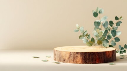 Minimal podium of wood slice with green leaves on beige background for product showcase. Eucalyptus