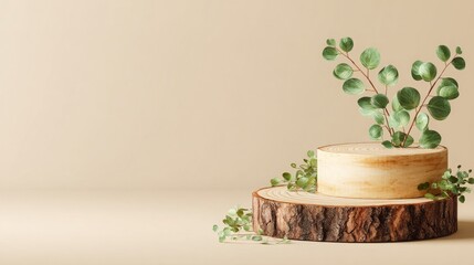 Minimal podium of wood slice with green leaves on beige background for product showcase. Eucalyptus