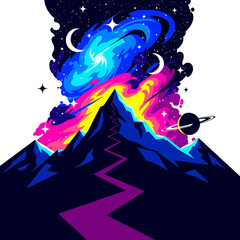 Cosmic Mountain Peak with Galaxy and Stars.