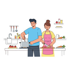 Couple cooking together in the kitchen.