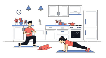 Couple exercising at home in the kitchen.