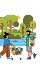 Couple shopping for groceries in nature.
