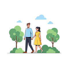 Couple walking together in a park holding hands.