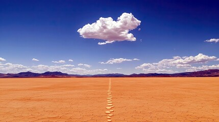 A dry, cracked desert floor stretches towards a mountain range under a vibrant blue sky dotted with fluffy white clouds, with a line of stones marking a path.