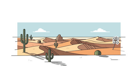 Desert landscape with cacti and sand dunes under a blue sky.