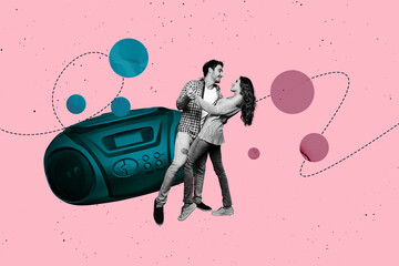 Contemporary art collage of two happy girl guy dance boombox celebration party disco occasion...
