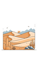 Desert landscape with sand dunes and cacti under the sun.