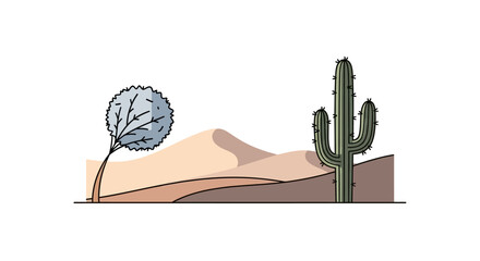 Desert landscape with cactus and a tree under the sun.