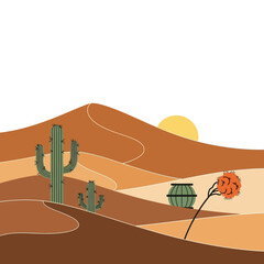 Desert landscape with cactus sun and sand dunes.