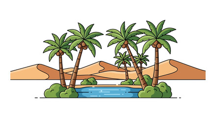Desert Oasis with Palm Trees and Sand Dunes.