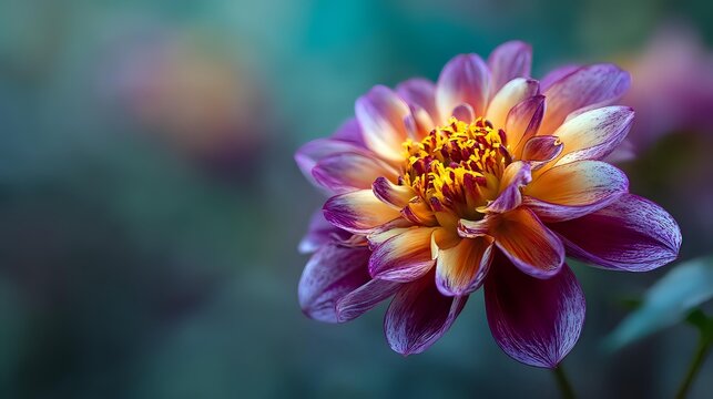 Vibrant purple and orange dahlia flower in bloom with golden center against blurred teal background, showcasing delicate petals and natural beauty. - Powered by Adobe