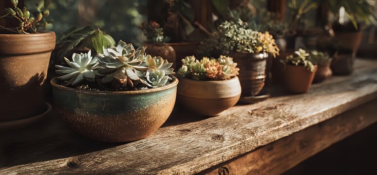 Collection of potted succulent plants arranged on rustic wooden shelf in warm natural light, creating cozy home garden atmosphere.