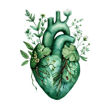 Green anatomical heart with growing plants and flowers, symbolizing life and nature connection for health and wellness concepts.