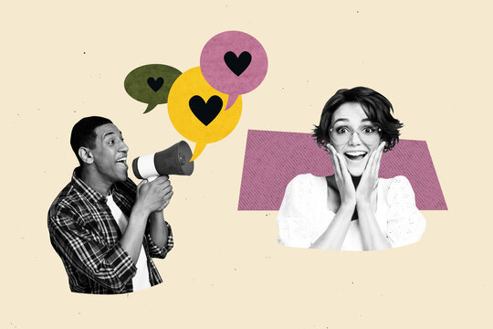 Trend artwork banner sketch photo collage of two happy girl guy scream loudspeaker heart icon valentine day celebration holiday