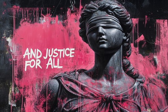 Blindfolded lady justice statue with a street art background and the text and justice for all. Concept of equal rights for protest activists and lawyers.
