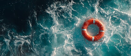 A lone life buoy floats on turbulent ocean waves, symbolizing hope, survival, and isolation. The scene evokes urgency, adventure, and nature’s vast power.