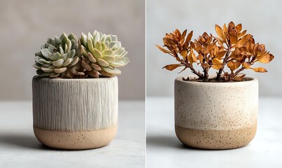 Succulent plants in ceramic pots, green echeveria and dried autumn foliage creating minimalist home decor arrangement on neutral background.