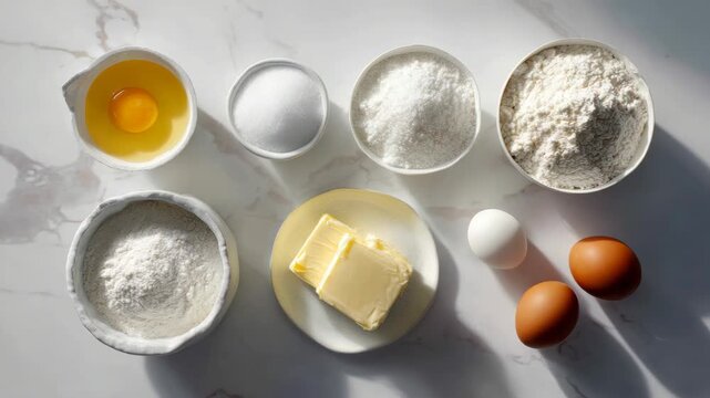 Baking ingredients: flour, eggs, butter, sugar, and coconut on marble surface