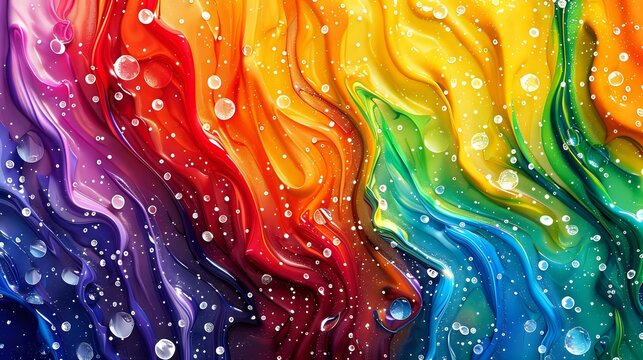 Vibrant rainbow fluid art with swirling colors and bubbles creates abstract psychedelic background for creative projects.