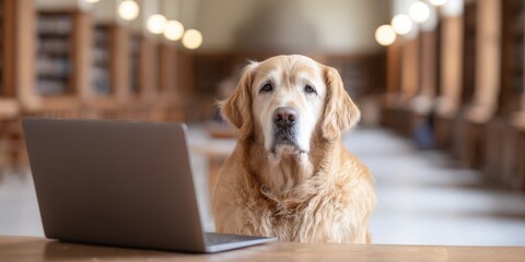 Golden retriever dog learning with laptop in library
