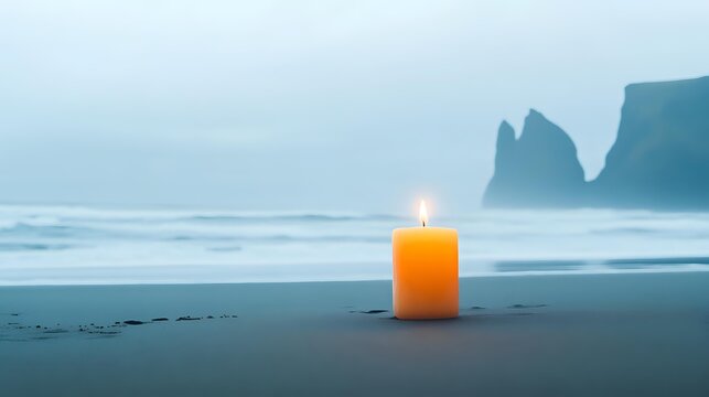 Glowing orange candle on dark beach with misty ocean and dramatic rock formations in background. Serene coastal meditation scene. - Powered by Adobe