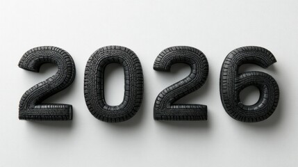 Black tire-textured numbers forming 2026 arranged on a clean light surface, concept of automotive industry design, future mobility, rugged durability.