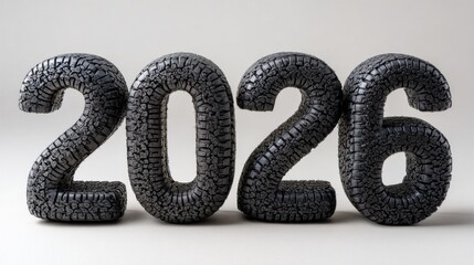 Black cracked-rubber textured numbers forming 2026 standing on a neutral surface, concept of automotive industry design, future mobility, rugged durability