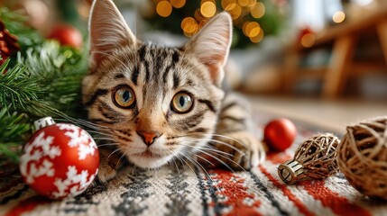 cat playing with Christmas tree decorations, cat knocked decorations off the tree, Curious brown tabby kitten lying low on patterned rug beside Christmas ornaments and pine branches with festive bokeh