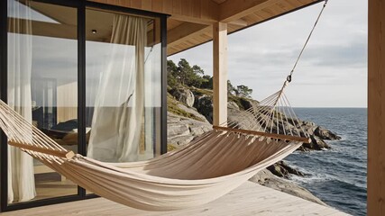 Relaxing hammock on wooden terrace overlooking the ocean  