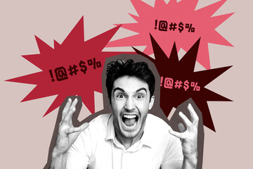 Composite collage trend artwork template design of young man crazy shout emotion face abuse...