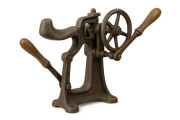 Obraz premium Vintage cast iron hand crank machine with wood handles, industrial antique mechanism, transparent background